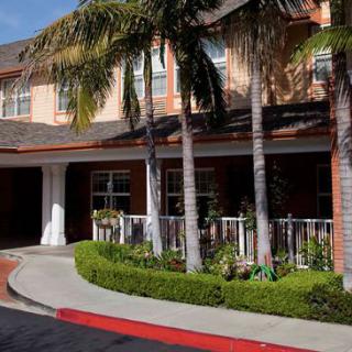 A residential building entrance with palm trees and well-maintained landscaping.