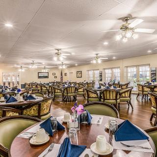 Elegant dining area with neatly arranged tables and chairs, featuring blue napkins and polished decor.