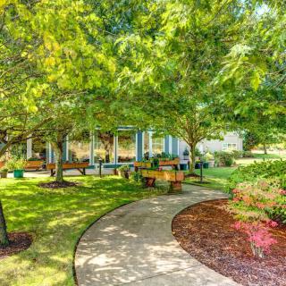 A serene garden with a winding pathway surrounded by lush trees and greenery.