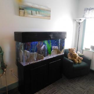 A cozy living room featuring a large aquarium and a comfortable chair with a stuffed animal.