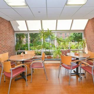 A well-lit indoor seating area with tables, chairs, and large windows overlooking greenery.