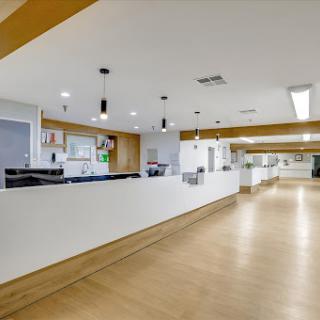 A spacious and modern reception area with a minimalist design.