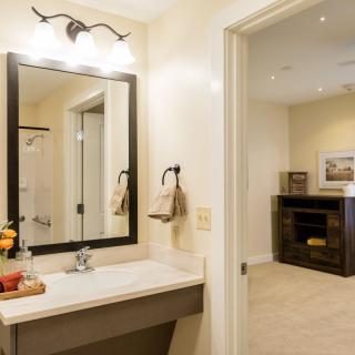 A modern bathroom with a sleek sink and mirror, connected to a cozy living space.
