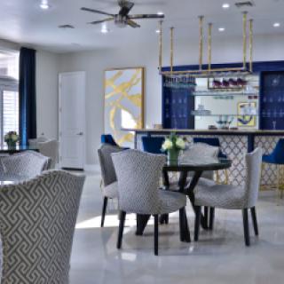 A modern dining and bar area with contemporary design and luxurious decor.