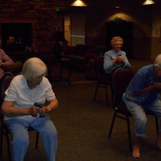 A group of seniors participating in a seated exercise session indoors.