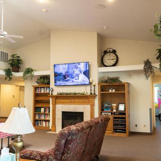 A cozy living room with a fireplace and a television mounted above, surrounded by bookshelves and decorative elements.