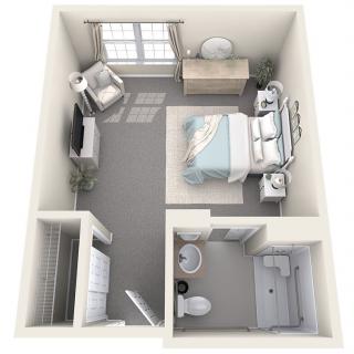 A 3D floor plan of a one-bedroom apartment with a cozy layout.