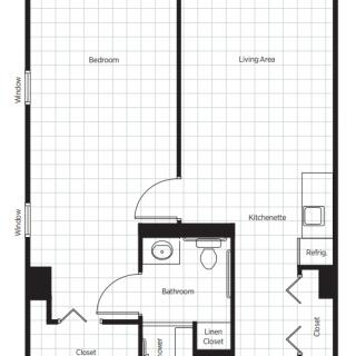 This image shows a floor plan of a one-bedroom apartment with marked areas for the bedroom, living area, kitchen, bathroom, and laundry closet.