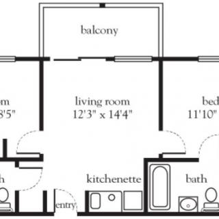 A floor plan showcasing an apartment layout with two bedrooms, a living room, kitchenette, and balcony.