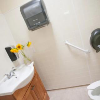 A clean bathroom with a sink, toilet, and towel dispenser, decorated with sunflowers in a vase.
