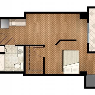 A detailed floor plan of a one-bedroom apartment, including a kitchen, bathroom, and living area.
