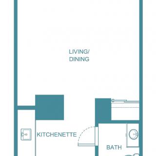 A floor plan of a studio apartment featuring a kitchenette, bathroom, and living/dining area.