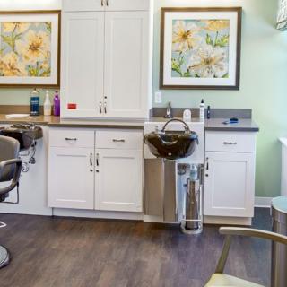 A bright and neatly organized hair salon interior with chairs, a washing station, and floral artwork on the walls.