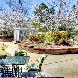 A scenic garden patio with blossoming trees and outdoor seating.