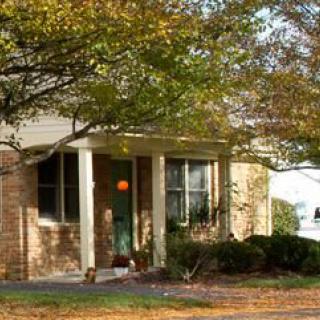 A suburban house with a brick exterior and green door, surrounded by autumn foliage.