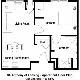 One-bedroom apartment floor plan with living room, dining/kitchenette area, bedroom, and bathroom.