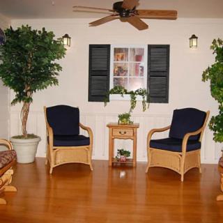 A cozy living room setup featuring two chairs, potted plants, a small table, and wall decor.