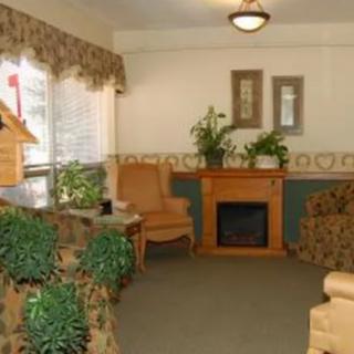 A cozy living room featuring comfortable furniture, a small fireplace, and potted plants by the window.