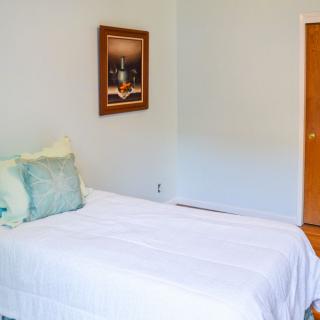 A minimalist bedroom with a single bed, adorned with cushions and a framed picture on the wall.