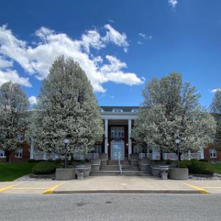 A beautiful architectural faade surrounded by blooming trees under a clear blue sky.