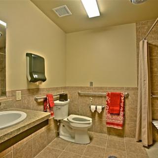 A clean and modern bathroom featuring essential amenities.