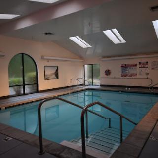 A serene indoor swimming pool with ample natural light.