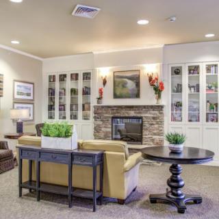 A modern living room with a cozy fireplace, surrounded by bookshelves and comfortable seating.