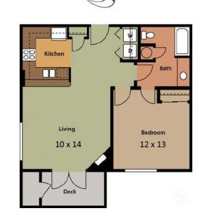 A floor plan of a one-bedroom apartment featuring a living room, kitchen, bathroom, and deck.