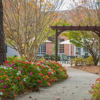 A tranquil garden pathway adorned with vibrant autumn flowers under an inviting archway.