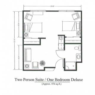 Floor plan of a two-person suite featuring one bedroom and deluxe amenities.