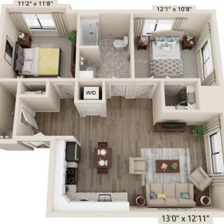 A detailed floor plan of an apartment featuring two bedrooms, a bathroom, kitchen, dining area, and living room.
