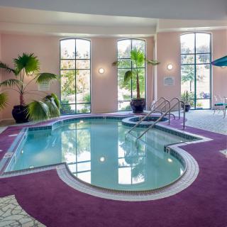 A serene indoor pool area with tropical plants and ample natural light streaming through large windows.