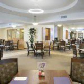 A modern dining area with neatly arranged tables and chairs under stylish lighting.