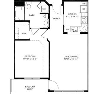 One-bedroom apartment floor plan with a kitchen, living room, bathroom, and balcony.