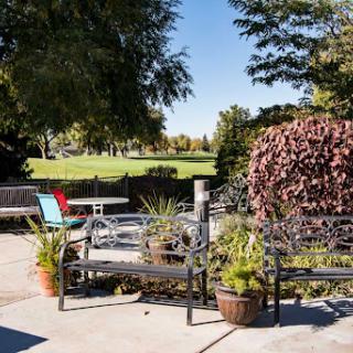 A serene outdoor seating area with benches and potted plants, set against a clear blue sky.