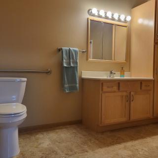 A bathroom with a toilet, sink, and cabinet illuminated by vanity lights.