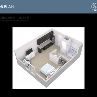 3D rendered floor plan of a studio apartment showcasing interior layout and furniture arrangement.