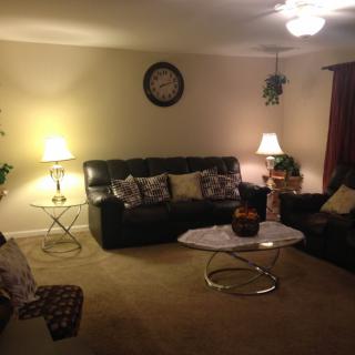 Cozy living room with sofas, lamps, and decor.