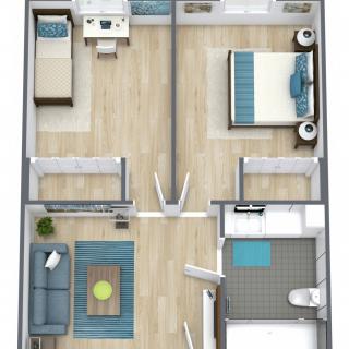 A 3D floor plan of a two-bedroom apartment, featuring a living room, kitchen, and bathroom.