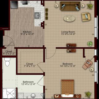 This is a floor plan of an apartment featuring a living room, kitchen, bedroom, and bathroom.