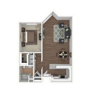 A one-bedroom apartment floor plan featuring a living area, kitchen, dining space, bathroom, and bedroom.