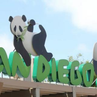Entrance sign of San Diego Zoo featuring panda decorations.