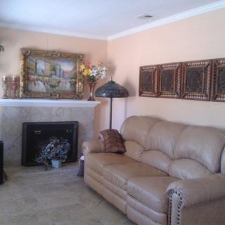 A cozy living room with a leather sofa, fireplace, and decorative elements.