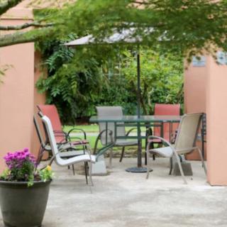 An inviting patio setup with a table, chairs, and umbrella surrounded by lush greenery.