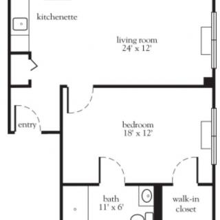 A floor plan of a one-bedroom apartment featuring a kitchen, living room, bathroom, and walk-in closet.