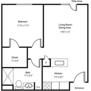 A one-bedroom apartment floor plan featuring a kitchen, living room, bathroom, and closet.