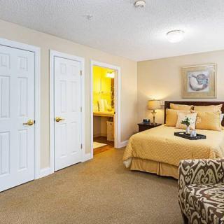 A cozy bedroom featuring a neatly made bed with neutral-colored bedding, decorative pillows, and wall art. The room includes two closets and an adjacent bathroom.