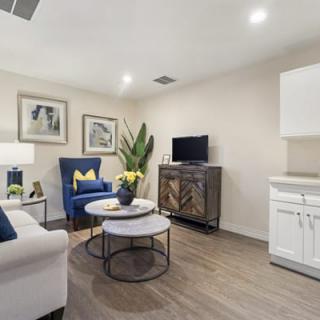 A modern and cozy living room featuring stylish furniture, decorative plants, and artwork on the walls.