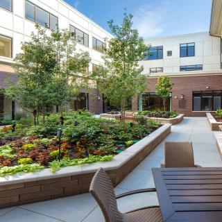 A landscaped courtyard with trees, flowers, and patio furniture surrounded by a building.