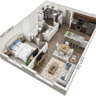 A 3D floor plan of a one-bedroom apartment featuring a living room, kitchen, and bathroom.